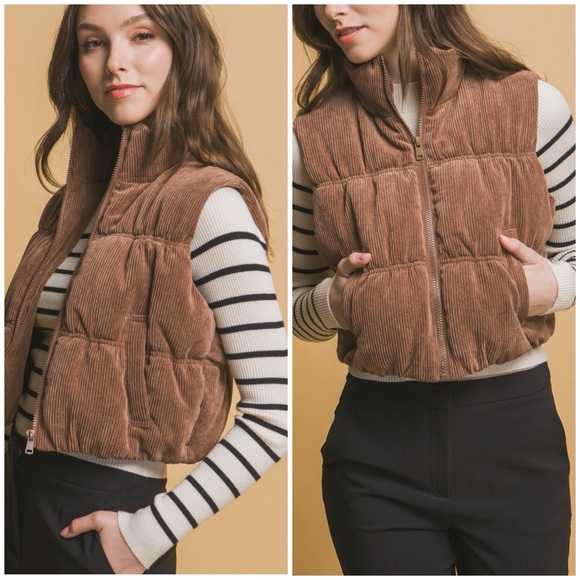 Love Tree Corduroy Zip Up Puffer Vest with Pockets - Picture 1 of 8